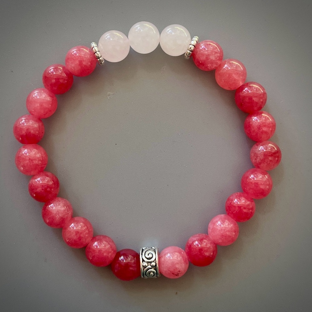 Bright Pink Jade and Rose Quartz Handcrafted Bead Bracelet - Picture 2 of 6